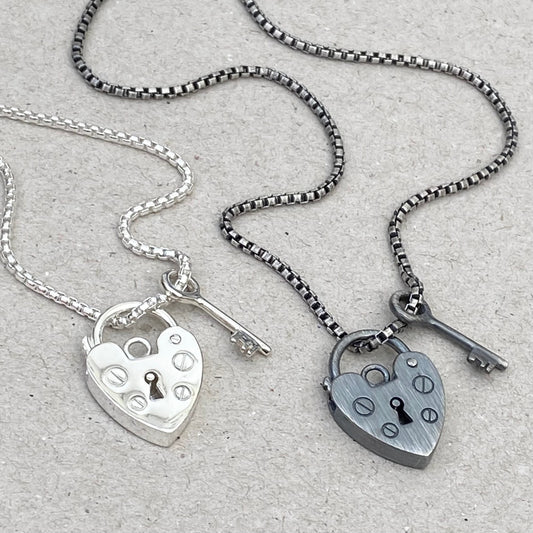 Oxidised or polished Sterling silver heart padlock and dainty key pendant on a box chain