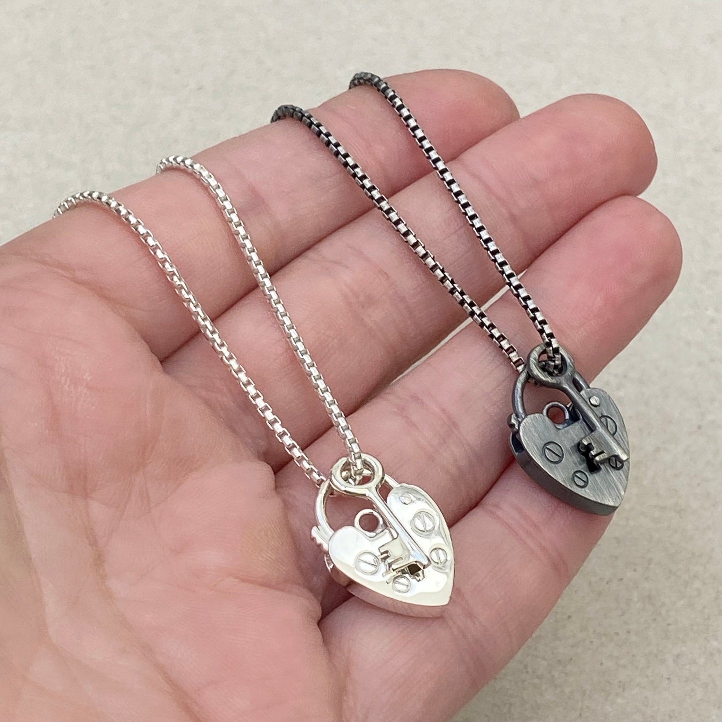 Oxidised or polished Sterling silver heart padlock and dainty key pendant on a box chain