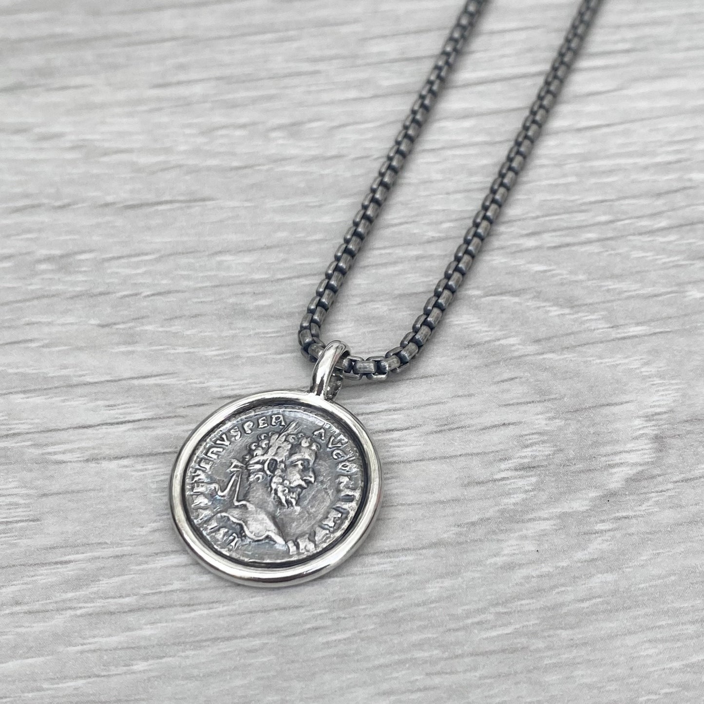 Oxidised solid Sterling silver 21mm replica Roman coin circle framed pendant on a round box chain