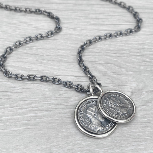 Oxidised solid Sterling silver replica Roman coin circle framed pendants on a choice of trace or round box chain
