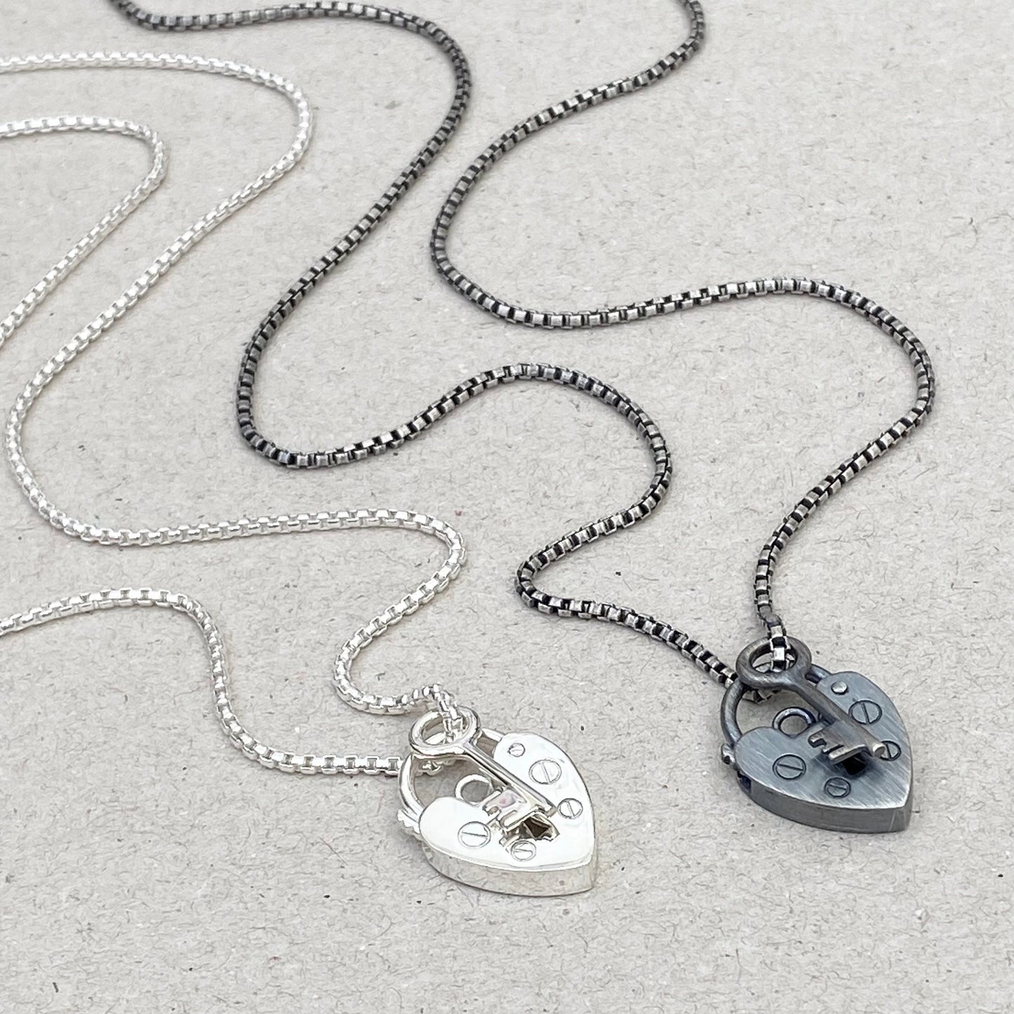 Oxidised or polished Sterling silver heart padlock and dainty key pendant on a box chain