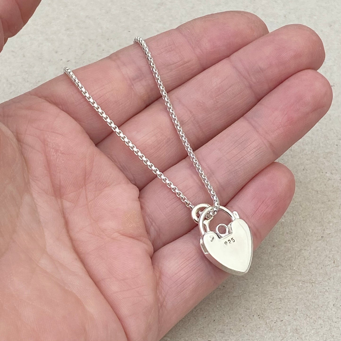 Oxidised or polished Sterling silver heart padlock and dainty key pendant on a box chain