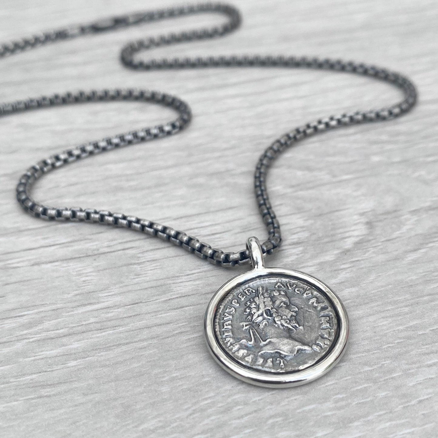 Oxidised solid Sterling silver 21mm replica Roman coin circle framed pendant on a round box chain