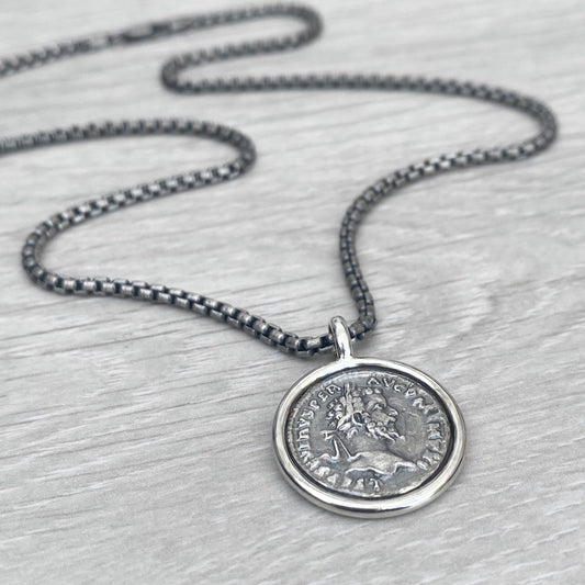 Oxidised solid Sterling silver 21mm replica Roman coin circle framed pendant on a round box chain