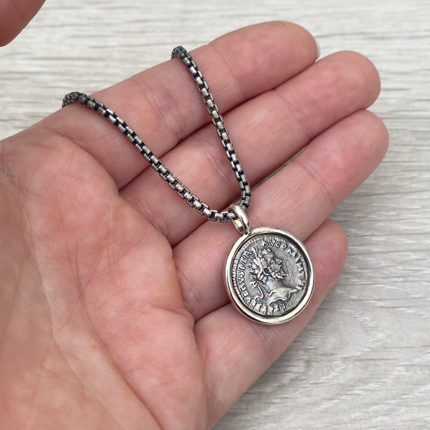 Oxidised solid Sterling silver 21mm replica Roman coin circle framed pendant on a round box chain