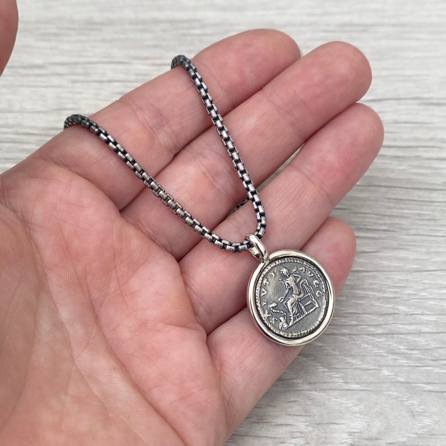 Oxidised solid Sterling silver 21mm replica Roman coin circle framed pendant on a round box chain