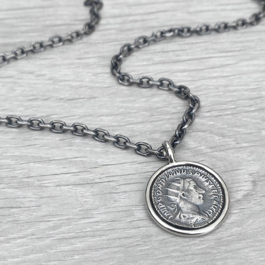 Oxidised solid Sterling silver 23mm replica Roman coin circle framed pendant on a choice of trace or round box chain