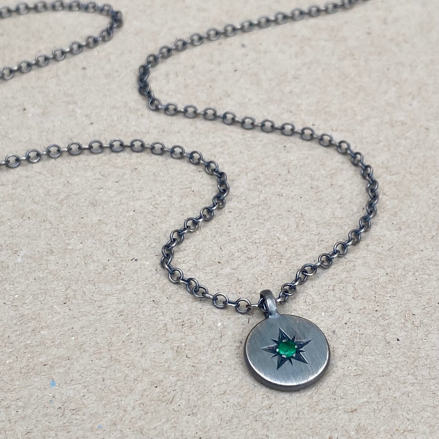 Oxidised silver star engraved birthstone 13mm pendant on a trace chain
