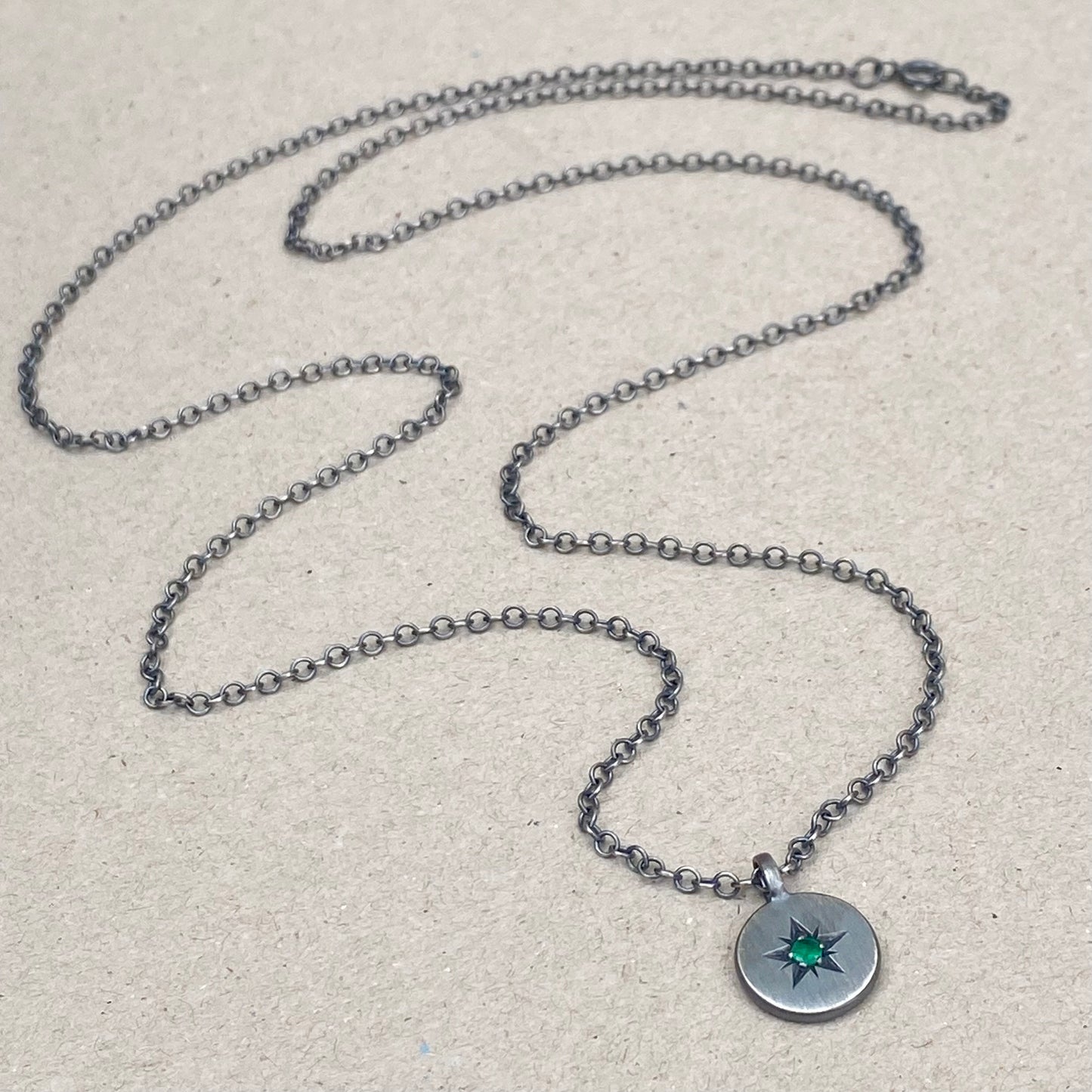 Oxidised silver star engraved birthstone 13mm pendant on a trace chain