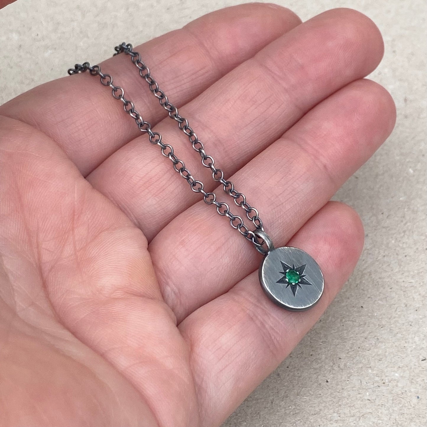 Oxidised silver star engraved birthstone 13mm pendant on a trace chain