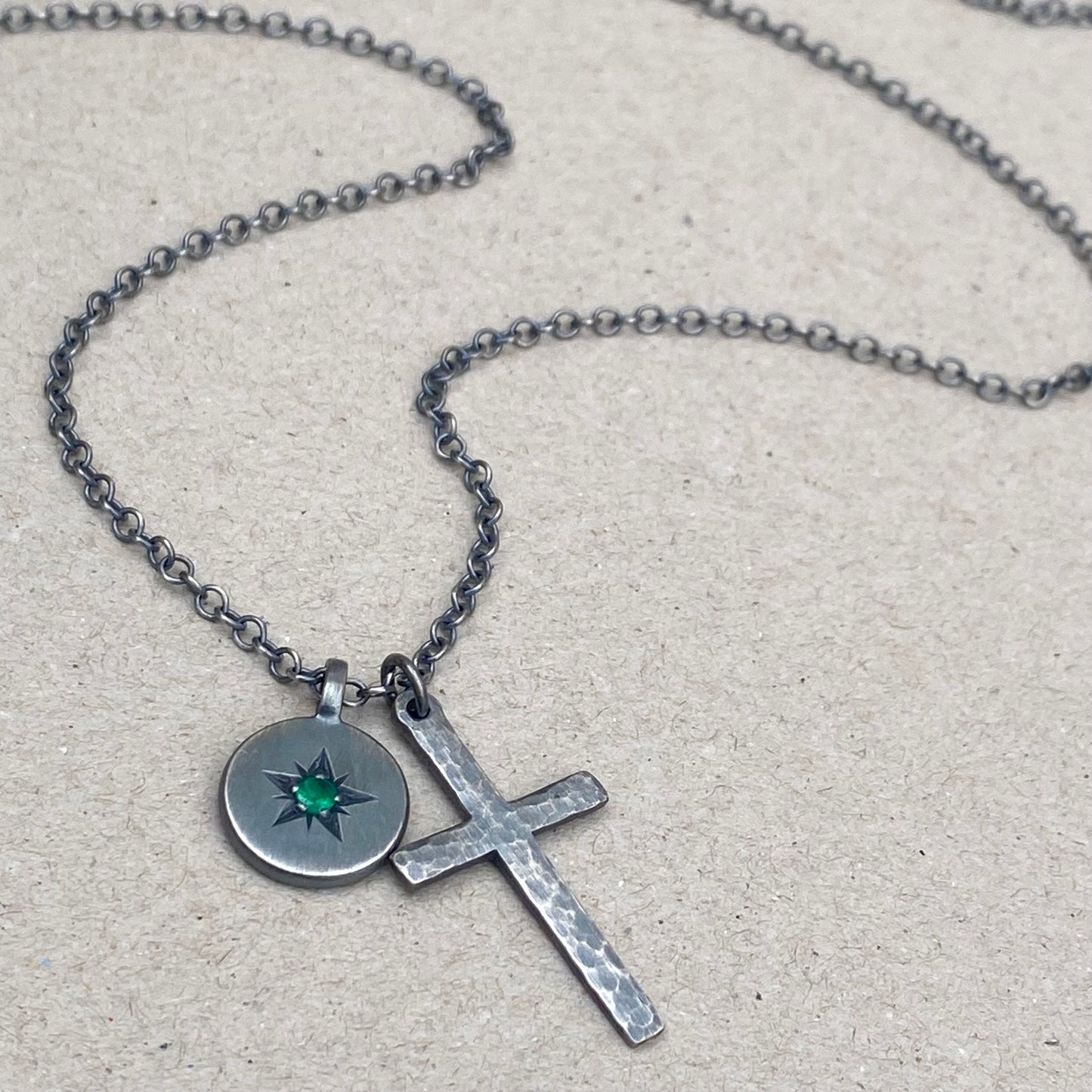 Oxidised silver star engraved birthstone 13mm pendant and hammered cross on a trace chain
