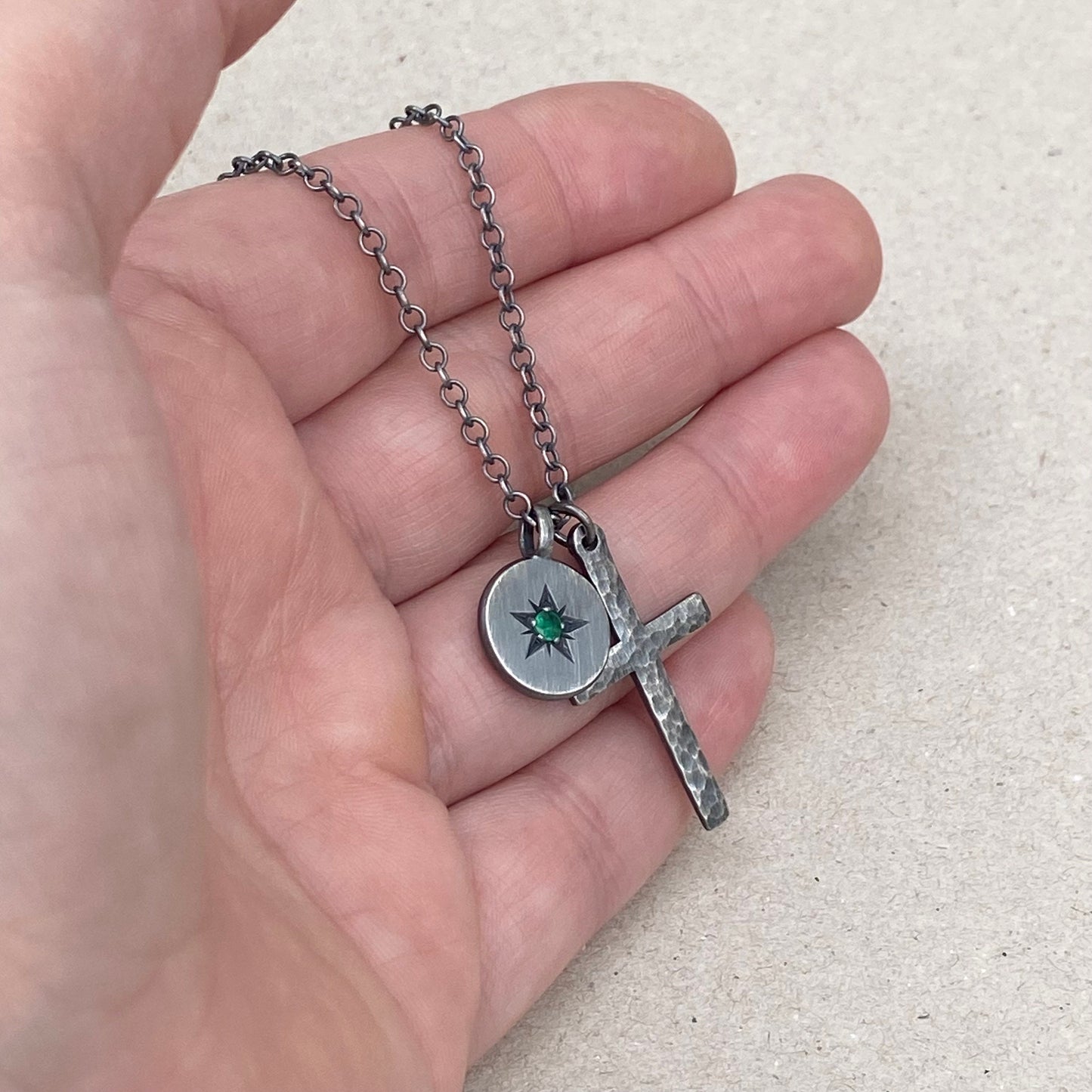 Oxidised silver star engraved birthstone 13mm pendant and hammered cross on a trace chain