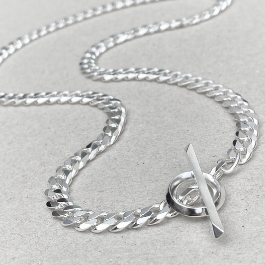 Solid silver heavy 6.6mm wide curb chain with a unique T bar and loop design - Oxidised or polished