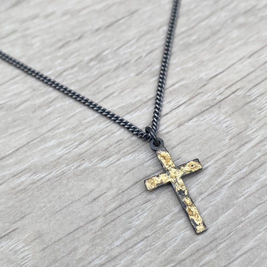 Oxidised reticulated silver and gold small size cross pendant on a 22" curb chain