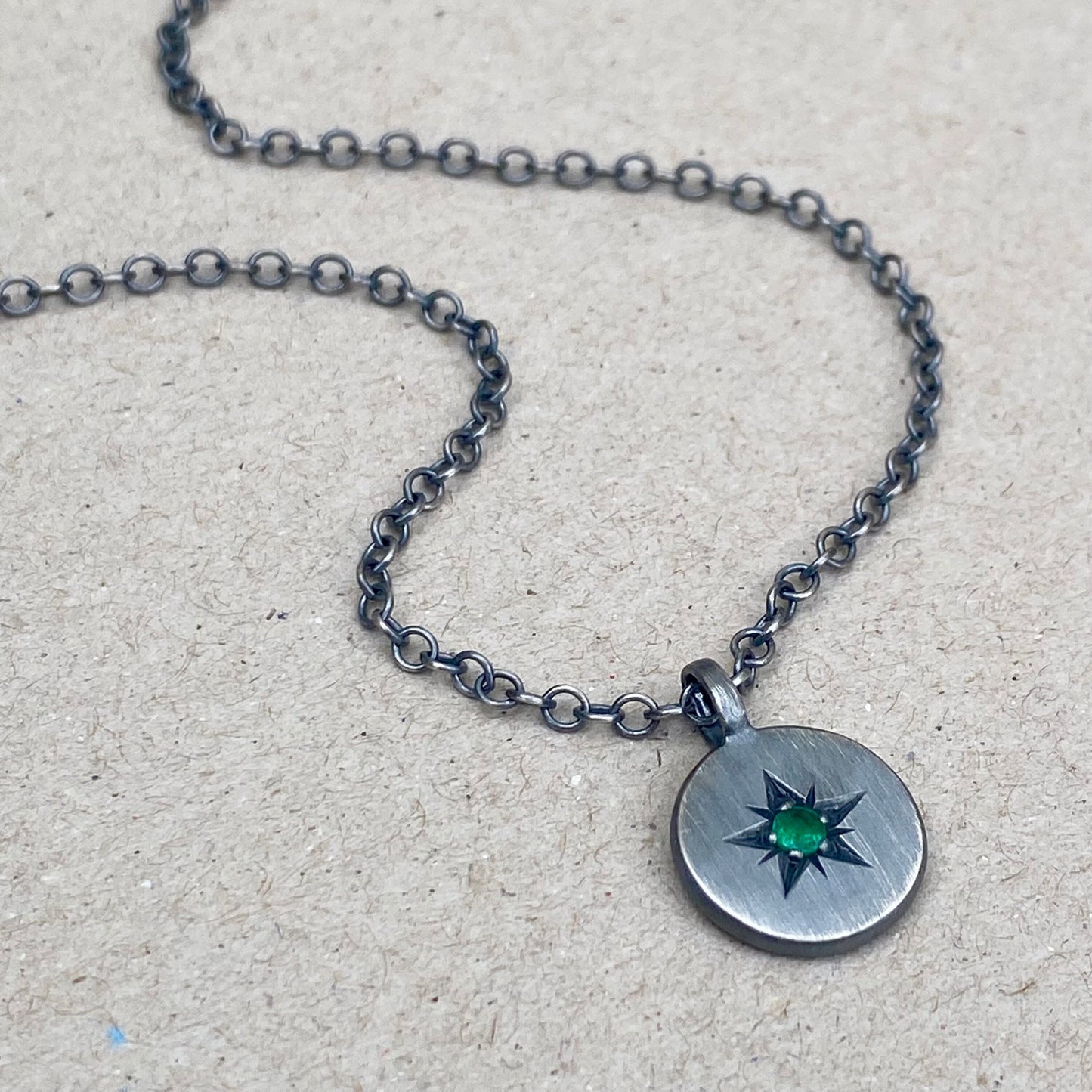 Oxidised silver star engraved birthstone 13mm pendant on a trace chain
