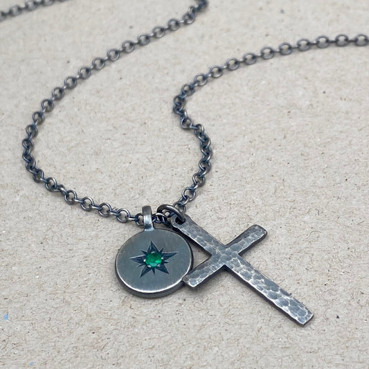 Oxidised silver star engraved birthstone 13mm pendant and hammered cross on a trace chain