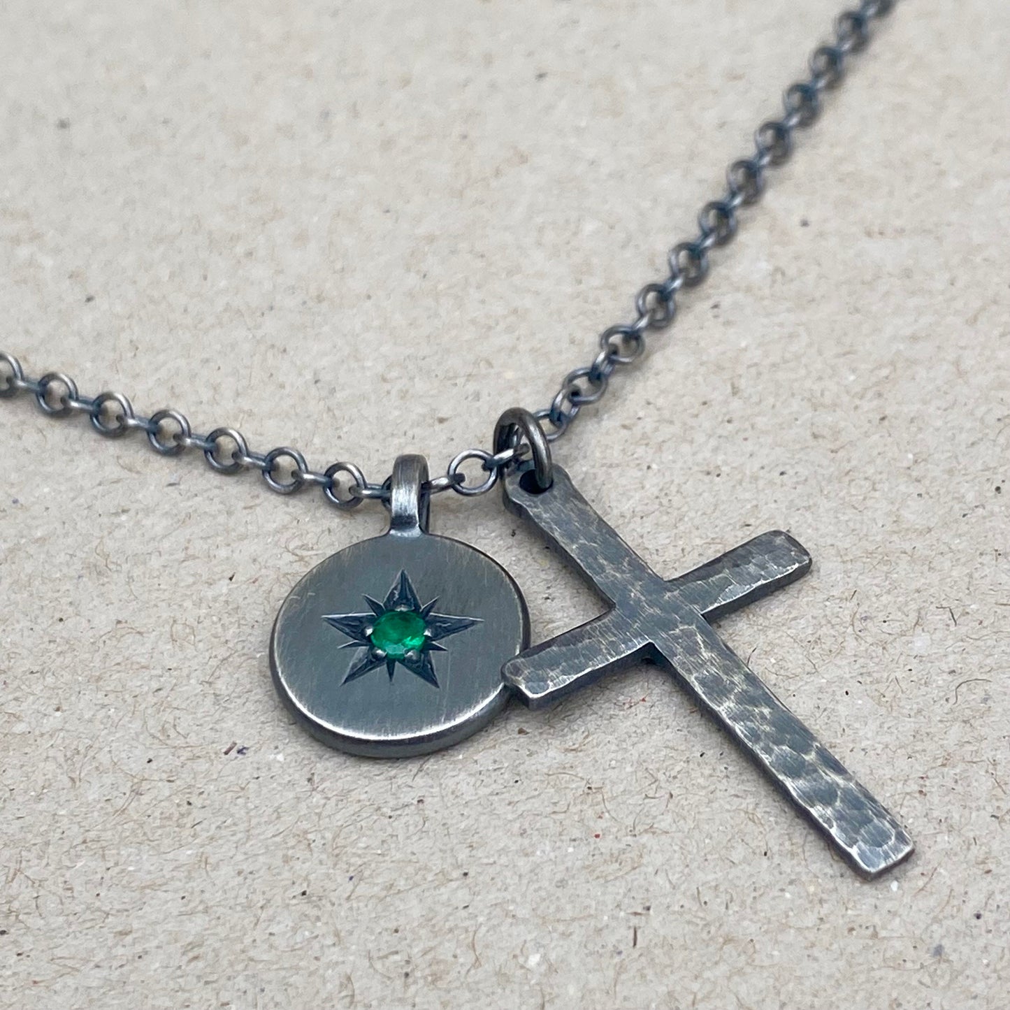 Oxidised silver star engraved birthstone 13mm pendant and hammered cross on a trace chain