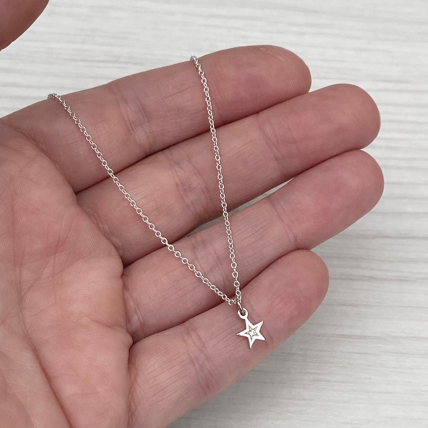 Sterling silver star engraved diamond tiny star charm pendant and chain