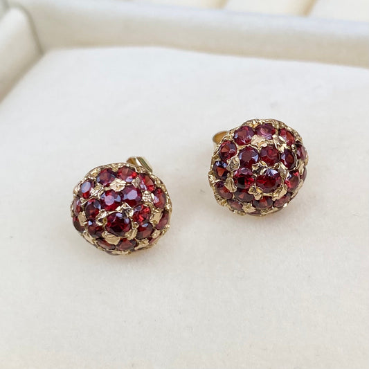 Vintage 9ct yellow gold Garnet dome stud earrings - 9k gold - British vintage jewellery