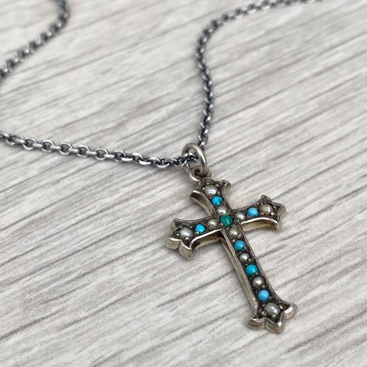 Vintage silver turquoise and pearl forked cross pendant - New oxidised silver 1.9mm wide trace 24 inch chain