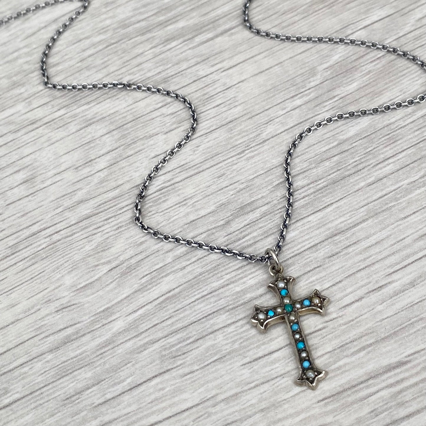 Vintage silver turquoise and pearl forked cross pendant - New oxidised silver 1.9mm wide trace 24 inch chain