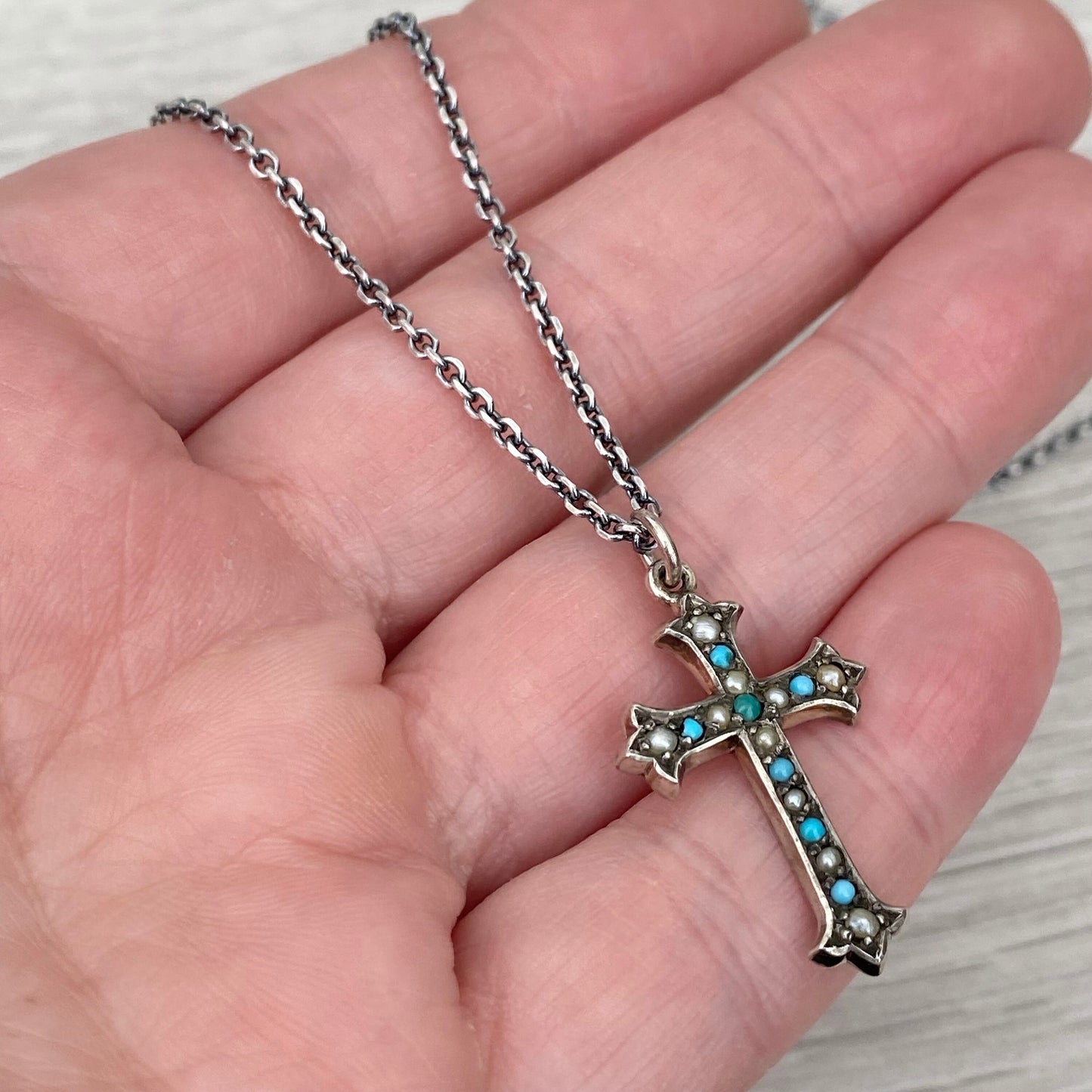 Vintage silver turquoise and pearl forked cross pendant - New oxidised silver 1.9mm wide trace 24 inch chain