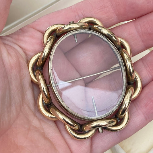 Vintage large double sided swivel case brooch - Gold plated base metal chain frame design