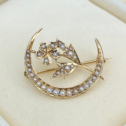 Vintage 14ct yellow gold seed pearl crescent and flower design brooch