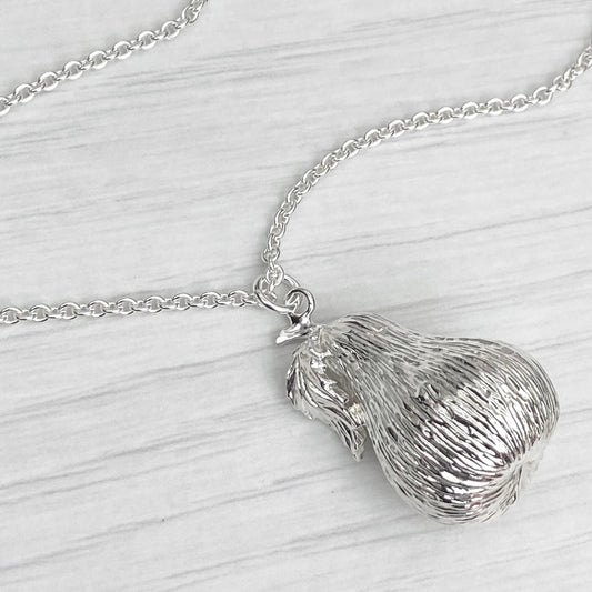 Vintage 1970s large solid silver pear pendant on a new 28” silver trace chain - British vintage jewellery