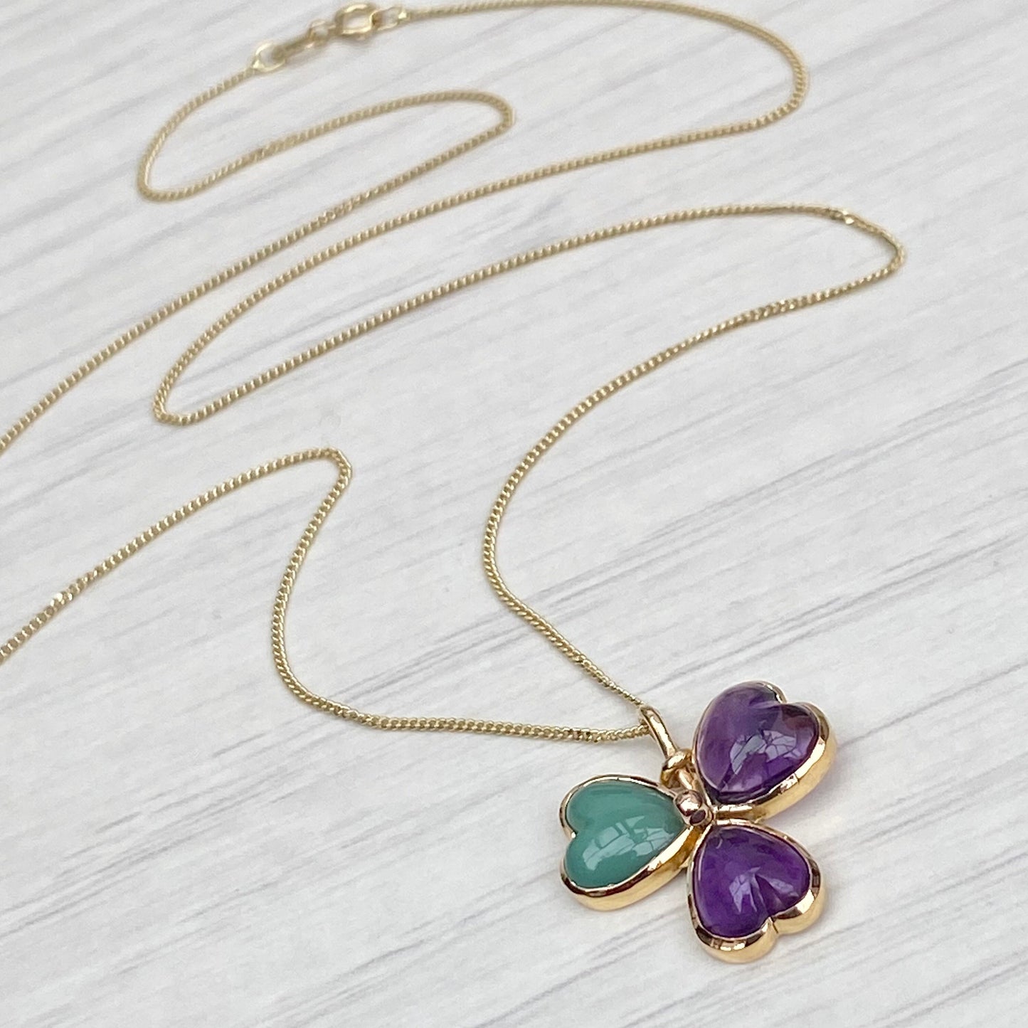 Vintage 9ct yellow chalcedony and amethyst clover pendant on a new 9ct gold chain - British vintage jewellery