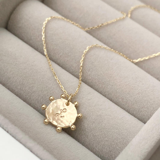 Handmade 9ct solid yellow, rose or white gold sun charm pendant and fine chain - Personalised with a script font initial