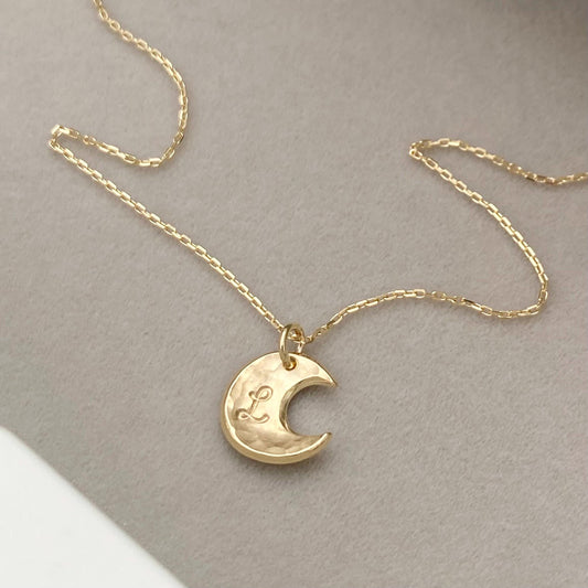 Handmade 9ct solid yellow, rose or white gold moon charm pendant and fine chain - Can be personalised with a letter