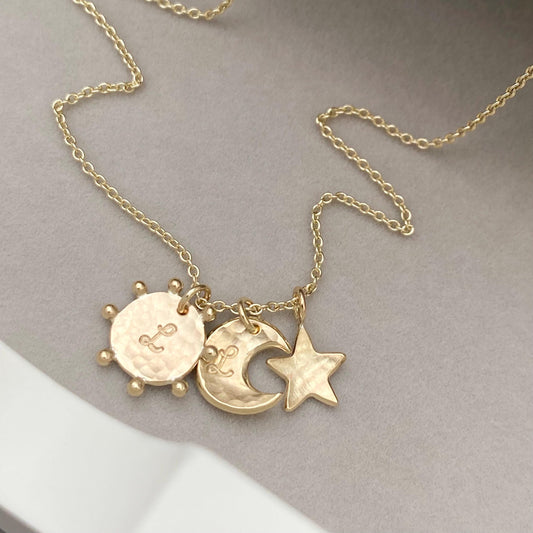 SPECIAL ORDER - Handmade 9ct solid yellow gold sun, moon and star charm pendants on a 1.2mm trace chain