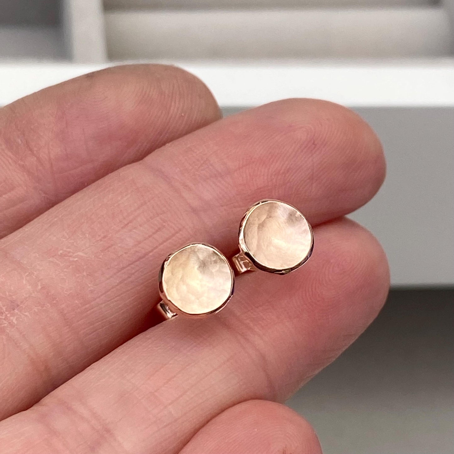 Handmade 9ct rose gold 7mm disc petal stud earrings. Also available in 9ct white and 9ct yellow gold
