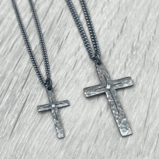 Oxidised solid sterling silver small or medium size diamond set cross pendants on a tight curb chain