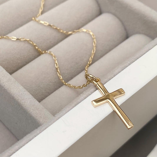 9ct solid yellow gold small cross pendant on a 1.1mm wide diamond cut trace chain