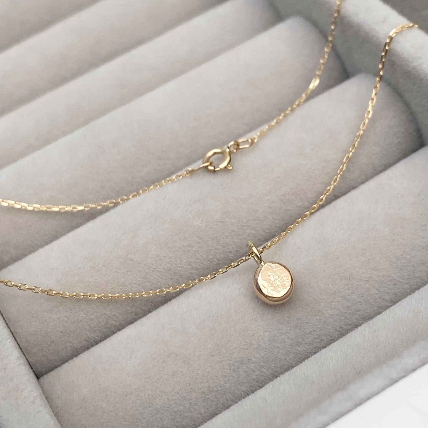 Handmade 9ct yellow, white or rose gold tiny letter nugget charm pendant on a fine trace chain