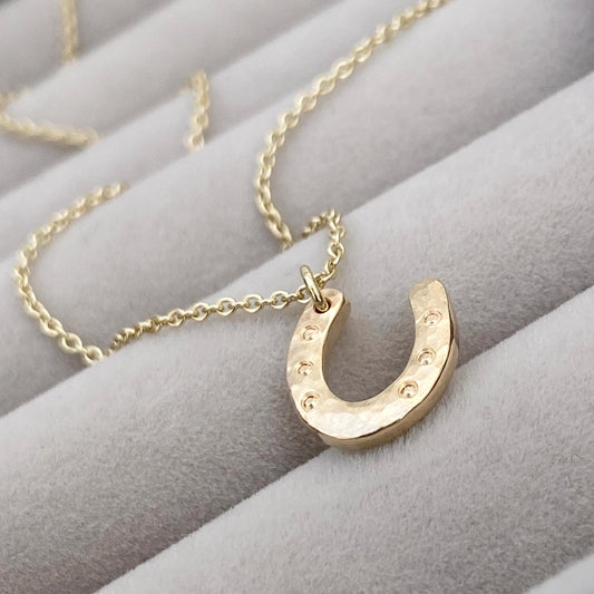 Handmade 9ct solid yellow, rose or white gold lucky horse shoe charm pendant on a trace chain