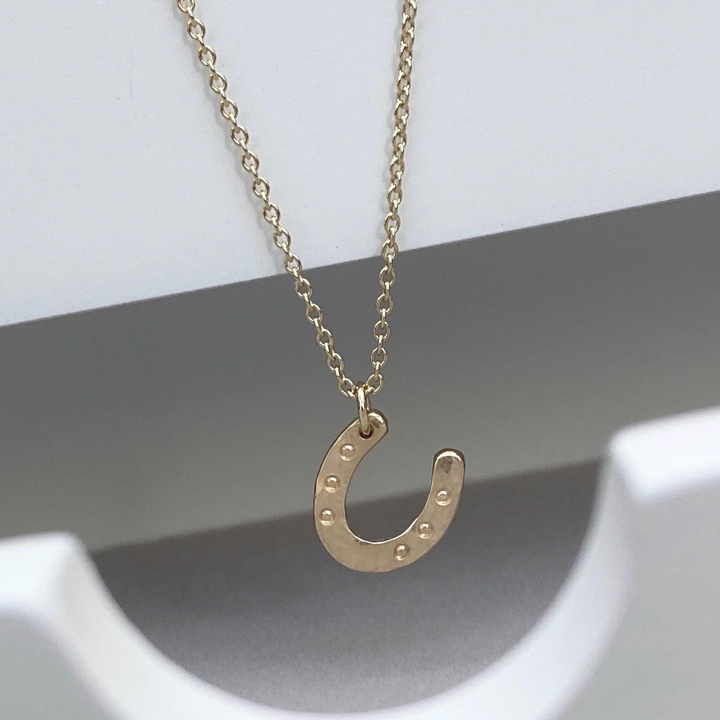 Handmade 9ct solid yellow, rose or white gold lucky horse shoe charm pendant on a trace chain