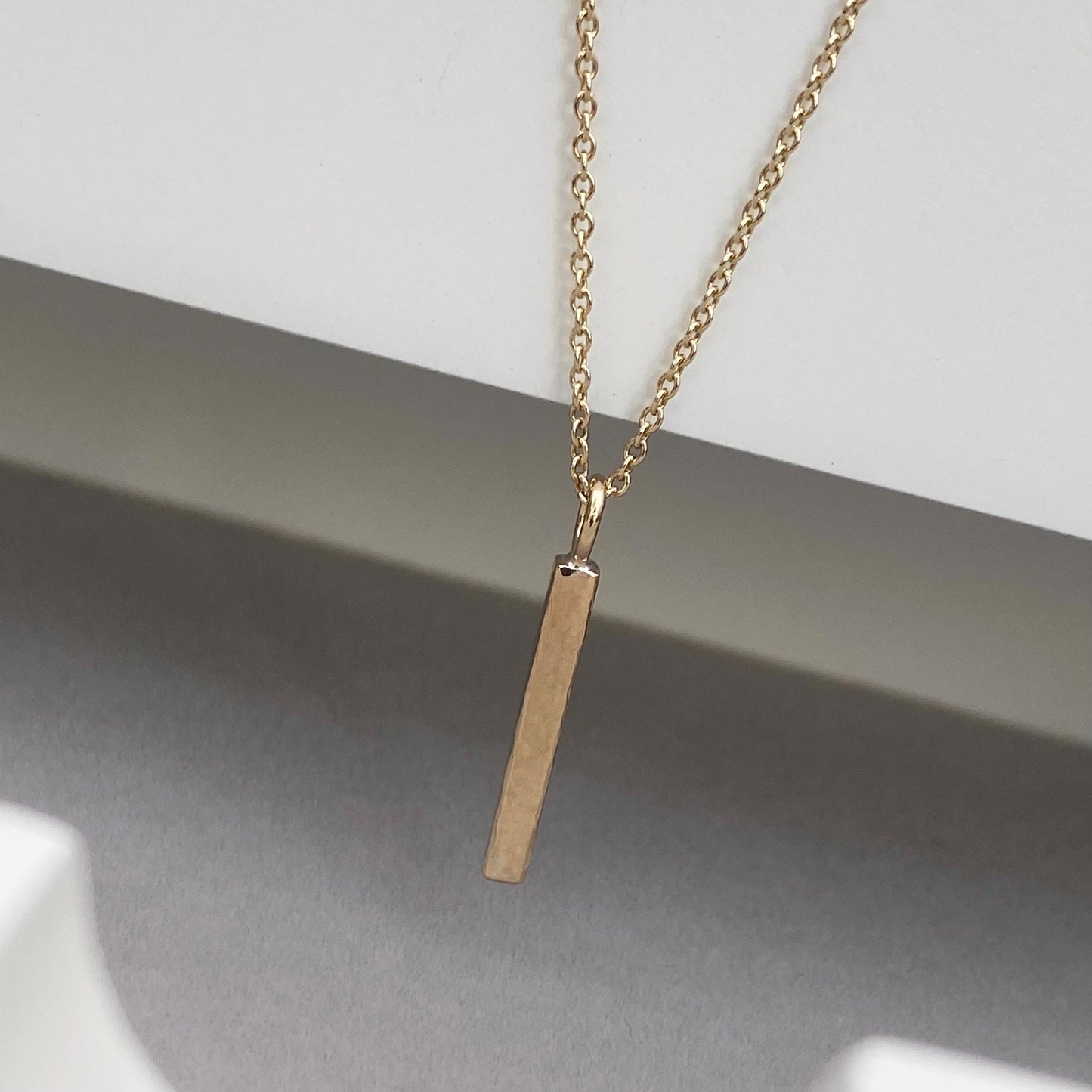 Handmade 9ct solid yellow, rose or white gold ingot bar charm pendant on a trace chain