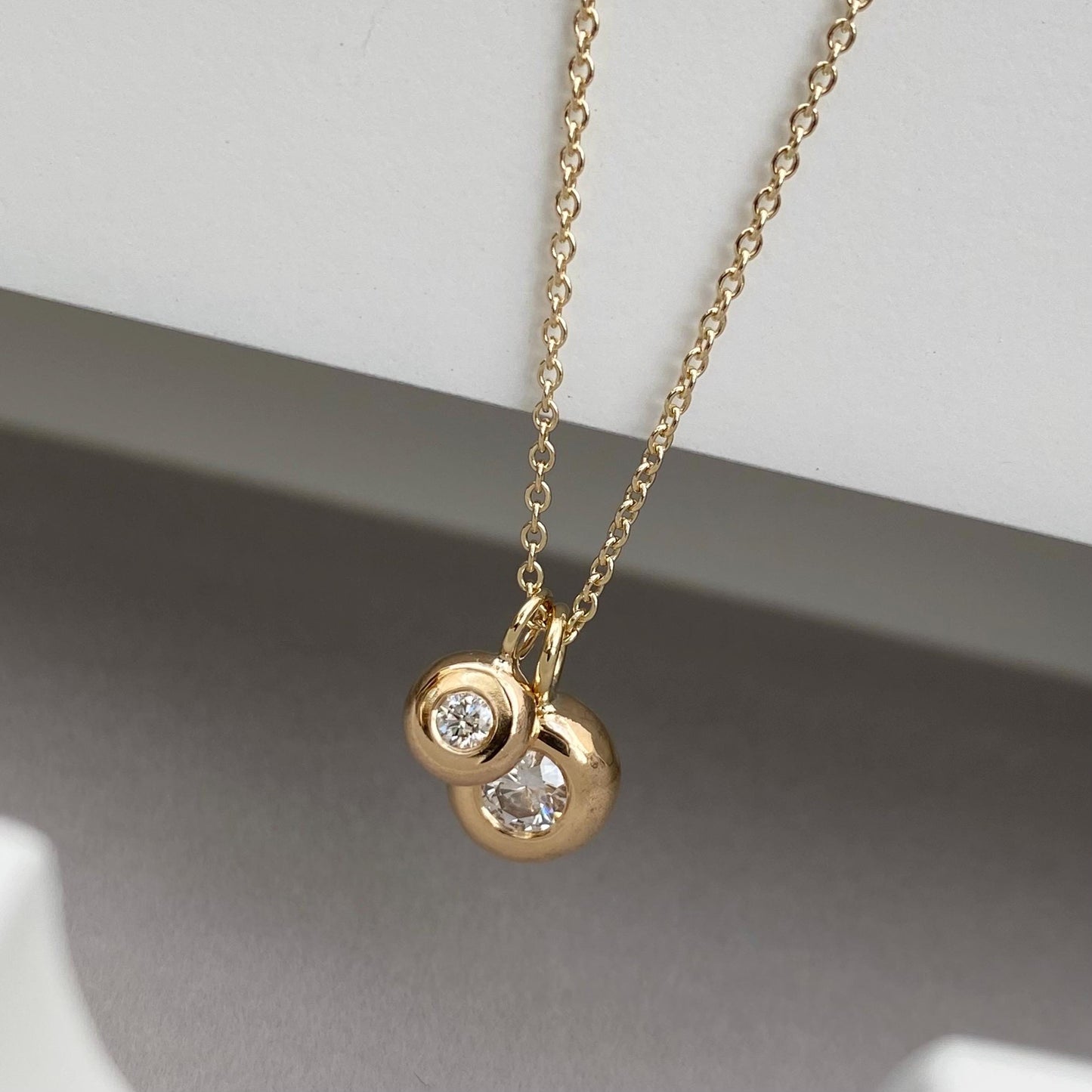 Handmade 9ct solid yellow, white or rose gold lab and natural diamond nugget pendants on a trace chain