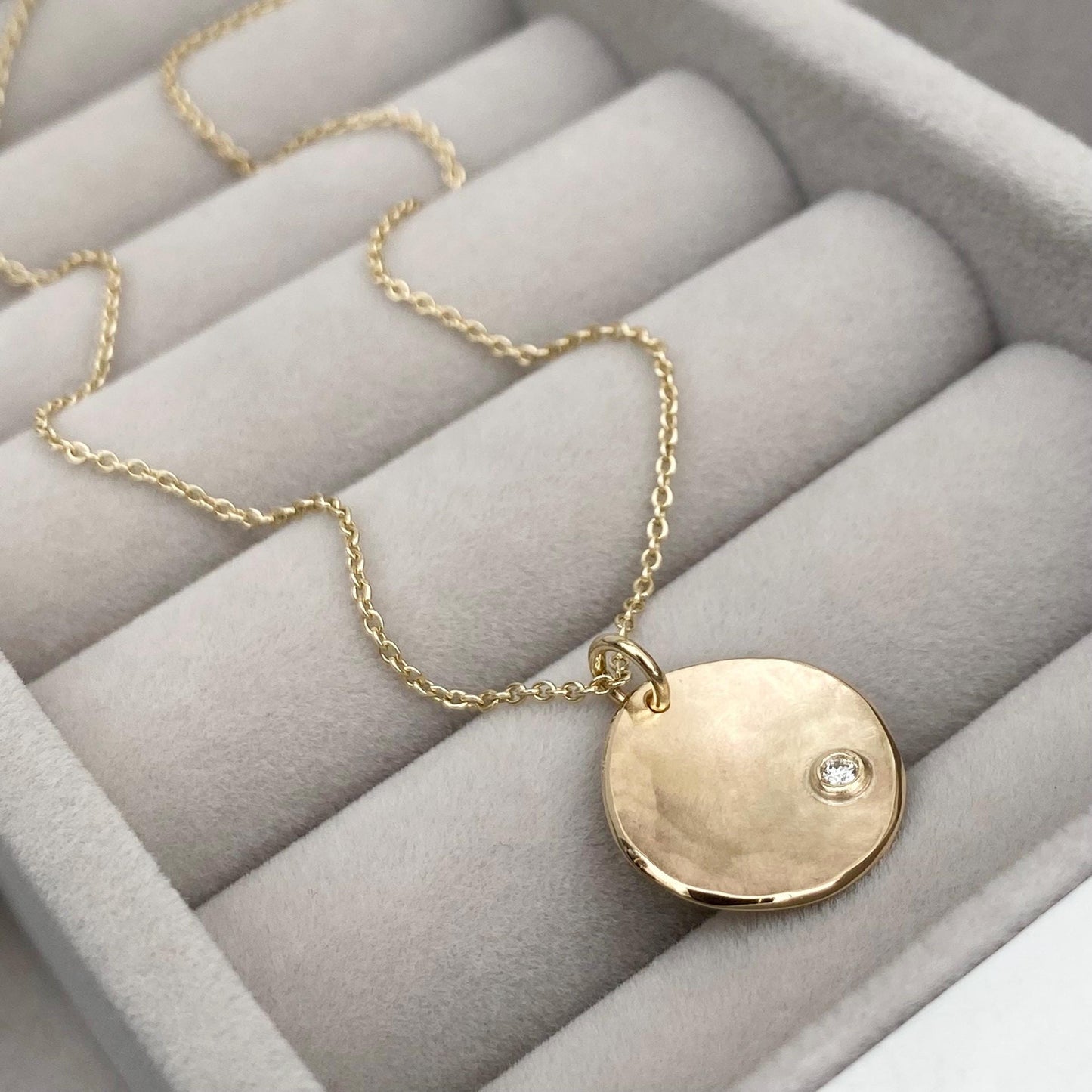 Handmade 9ct yellow, rose or white gold 16mm petal pendant with a 2mm natural diamond on a trace chain