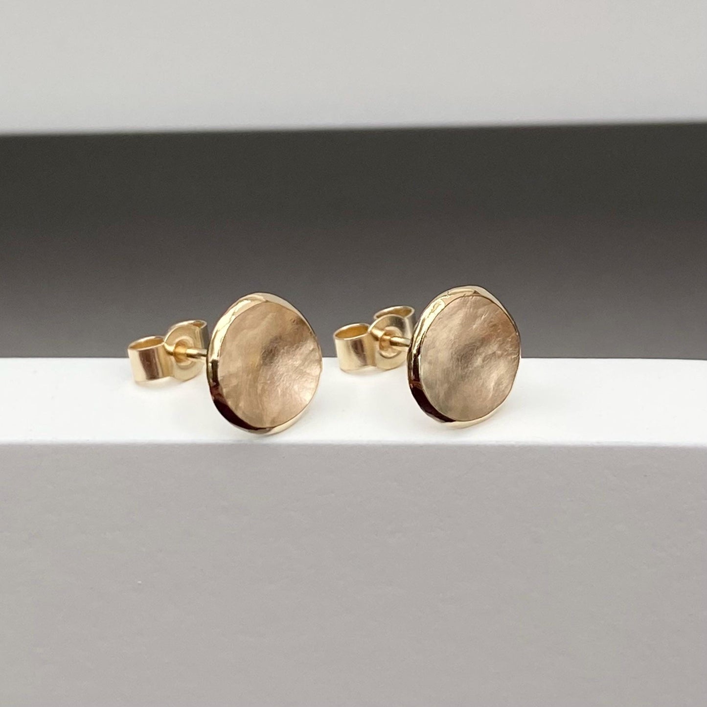 Handmade 9ct yellow gold small 7mm disc petal stud earrings - Also available in 9ct white or 9ct rose gold