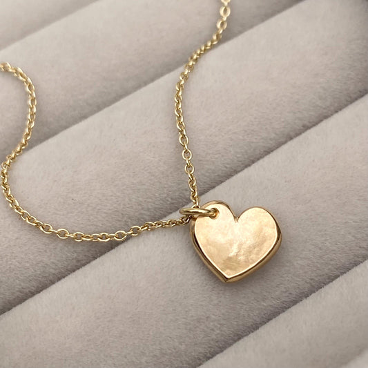 Handmade 9ct solid yellow, rose or white gold heart charm pendant on a trace chain