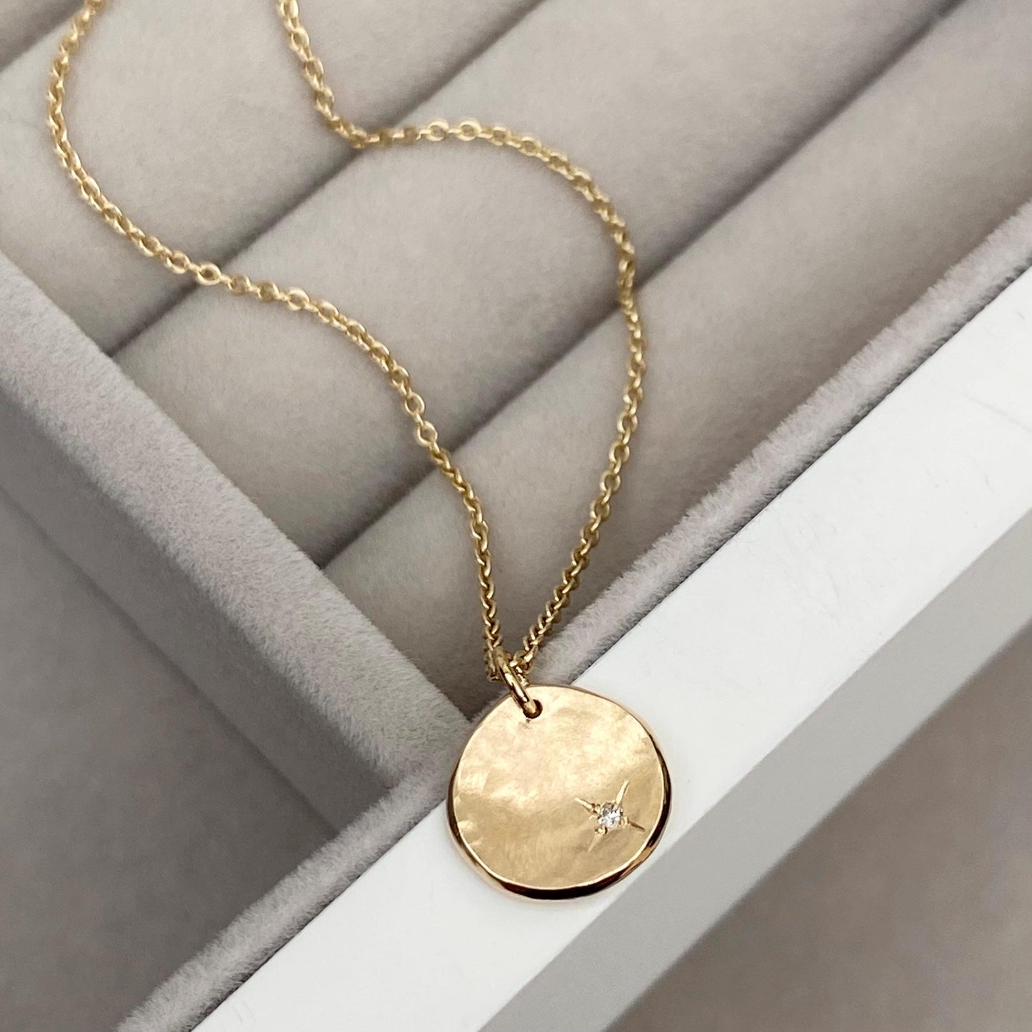 Handmade 9ct solid yellow, rose or white gold 10mm petal charm pendant with a 1.2mm diamond kiss on trace chain