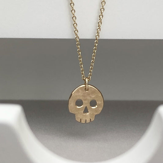 Handmade 9ct solid yellow, rose or white gold skull charm pendant on a trace chain