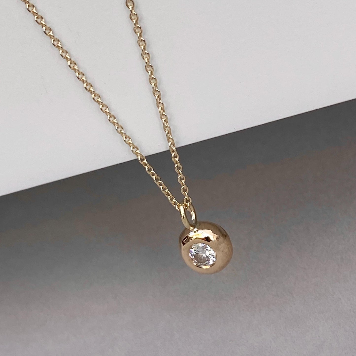 Handmade 9ct solid yellow, white or rose gold 4mm 0.25ct round lab diamond nugget pendant on a trace chain