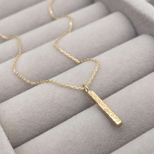 Handmade 9ct solid yellow, rose or white gold dainty ingot bar charm pendant on a fine trace chain