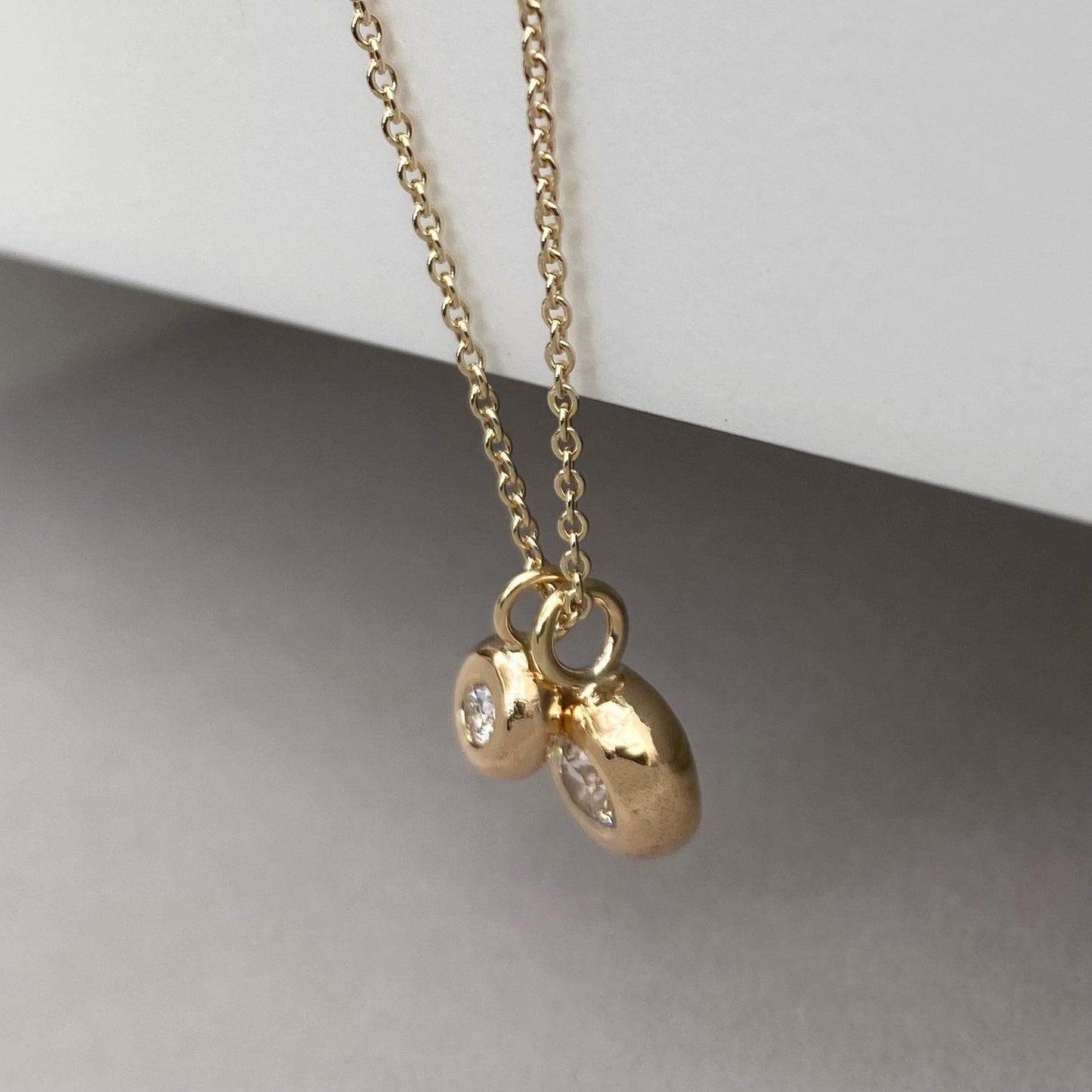 Handmade 9ct solid yellow, white or rose gold lab and natural diamond nugget pendants on a trace chain