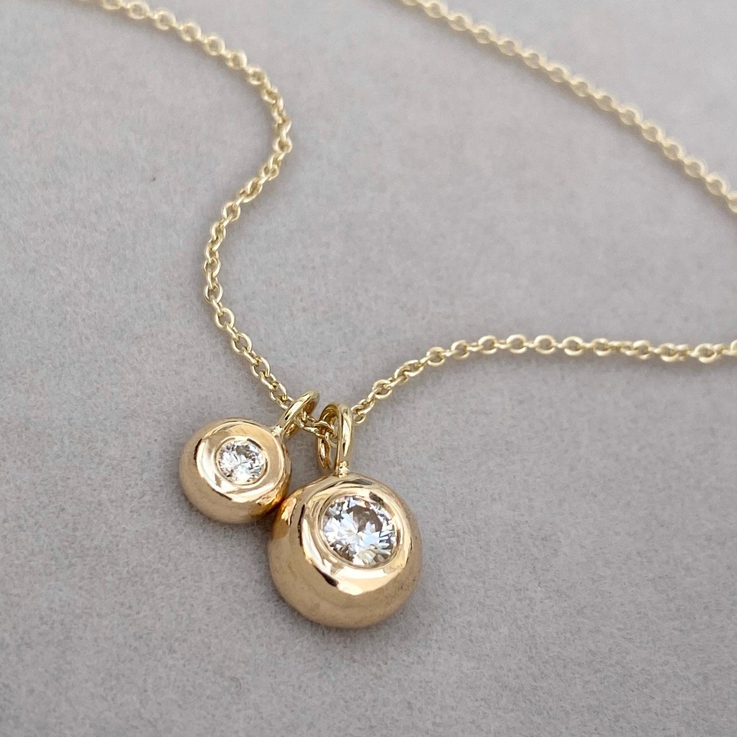 Handmade 9ct solid yellow, white or rose gold lab and natural diamond nugget pendants on a trace chain